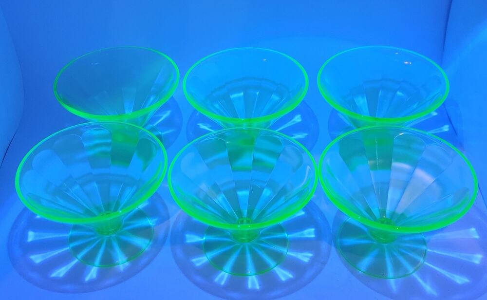 6 Federal Uranium Glass Sherbet Dessert Cups F Shield 3.75" UV Reactive